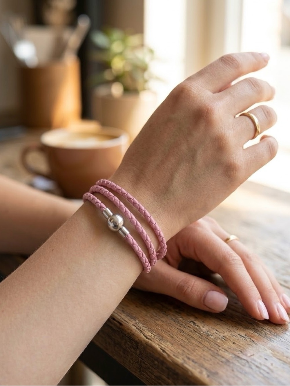 Linx Pink Triple Wrap Braided Leather Bolo Cord Bracelet with Magnetic Clasp